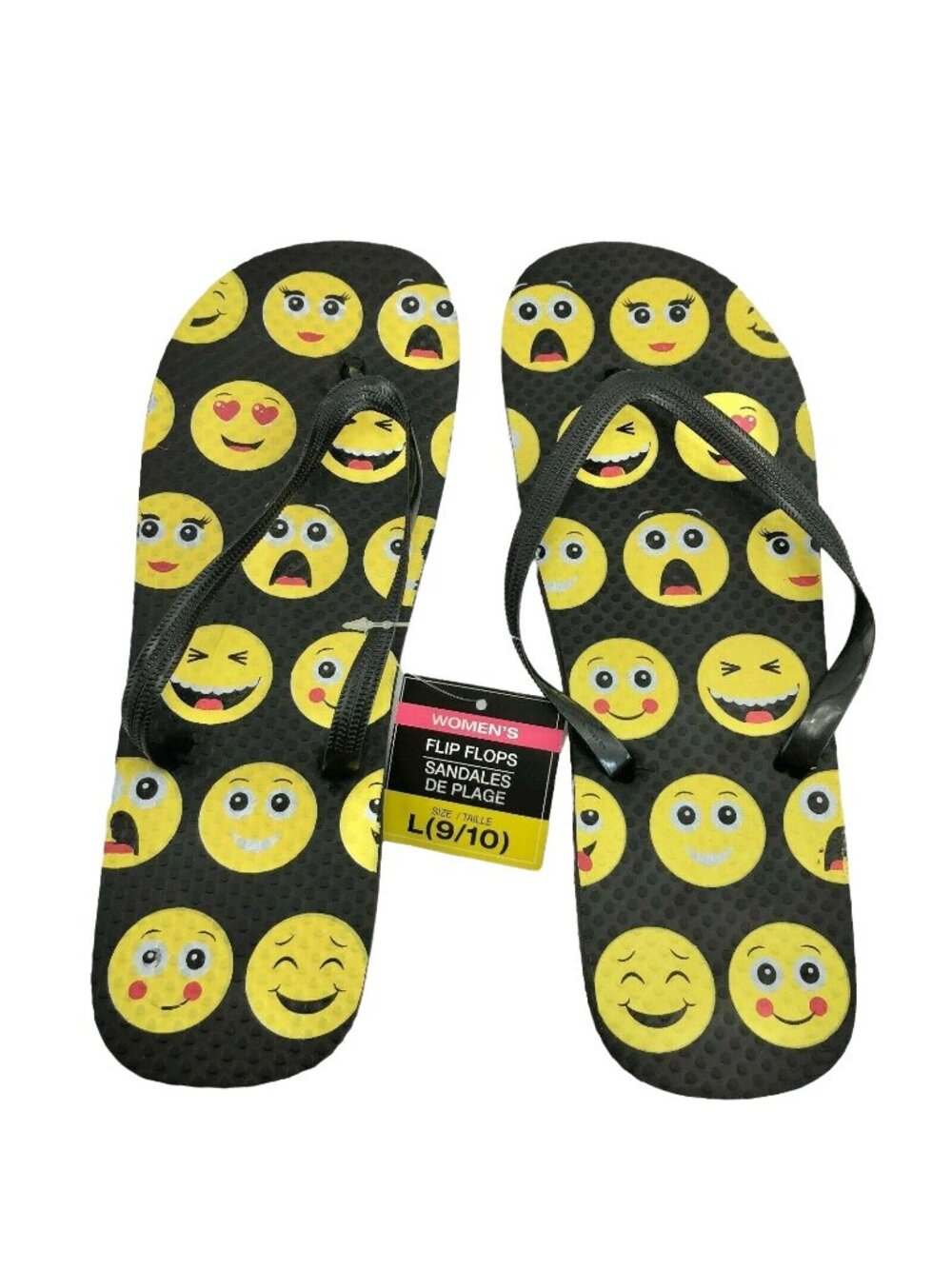 Womens Emoji Print Flip Flops Size L (9/10) Fun Lightweight Beach Sandals